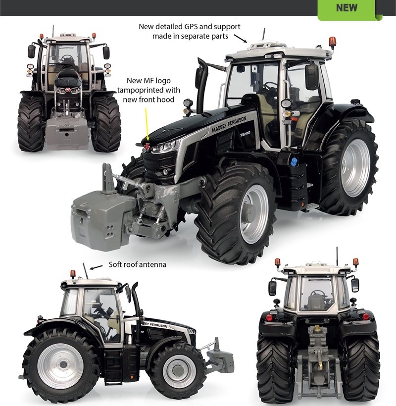 Universal Hobbies Trattore Massey Ferguson 7S.190 Black Beauty Scala 1/32 - Miniatura In Metallo Con 123 Pezzi - Modello Da Collezione